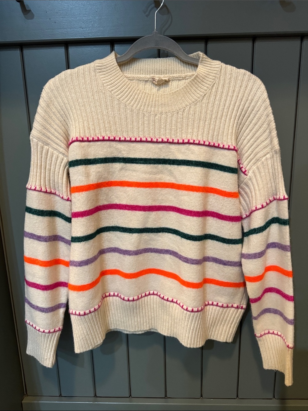 Cream Crewneck Sweater with Bright Multicolor Stripes